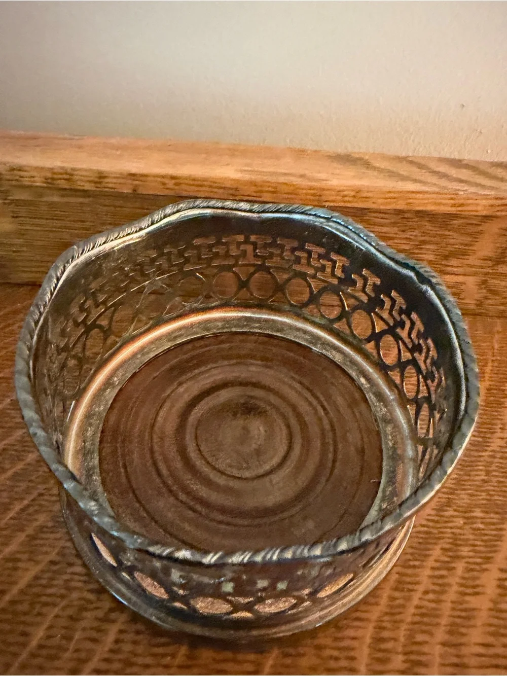 Royal Sheffield Vintage Silverplate Pierced Wine Bottle Coaster Walnut Base 4”